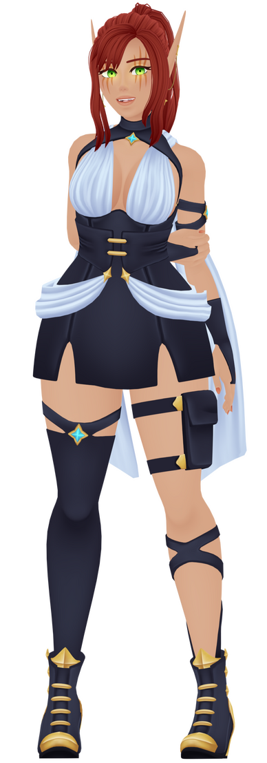 Full body drawing of Kairi. Red haired elf with green eyes and black and white clothing with gold hardware.